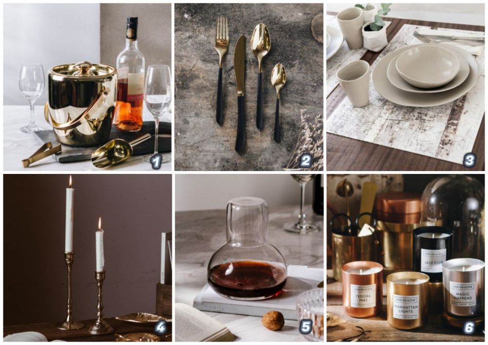 (1)丹麥Bloomingville璀璨派對金色冰桶(2)丹麥Bloomingville璀璨餐桌金色餐具四件組(3)以色列Beija Flor復古花磚餐墊(4)Bloomingville 丹麥之夜 黃銅燭台 巴洛克教堂二件組(5)Bloomingville瓶中流光透明玻璃醒酒器(6)OA1710 Cooler FlOwer亮銀冰桶