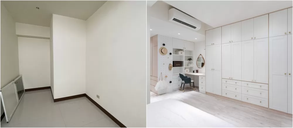 3-before-床尾一字型的衣櫥結合化妝桌與收納櫃,還有多元化的洞洞板,方便吊掛帽子或包包。