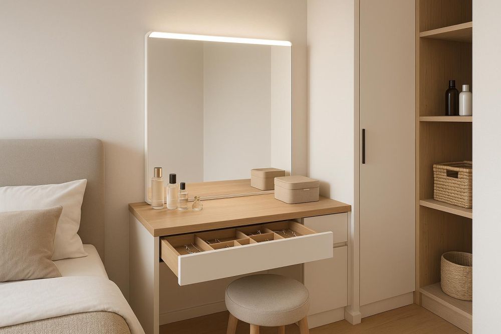 臥室太亂？嵌入式化妝台這樣設計，收納空間激增3倍，台面不再堆爆！