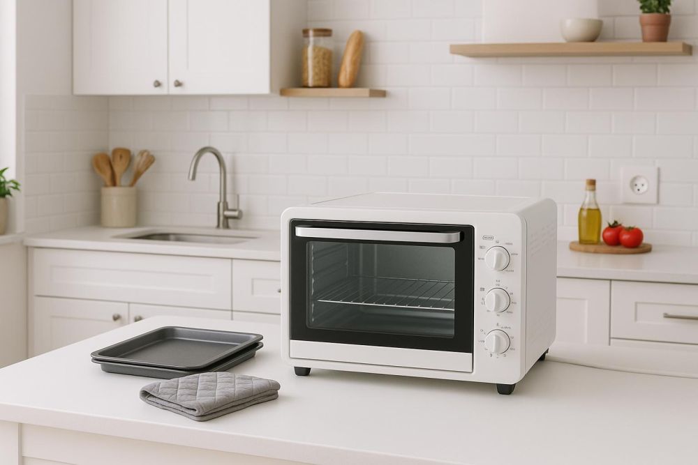 Compact electric countertop oven in a bright white kitchen with a clear front door and control knobs