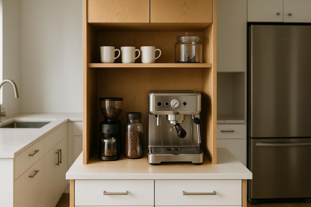 咖啡機總是佔空間?廚房咖啡機櫃這樣設計,收納量增2倍、早晨動線更順手!