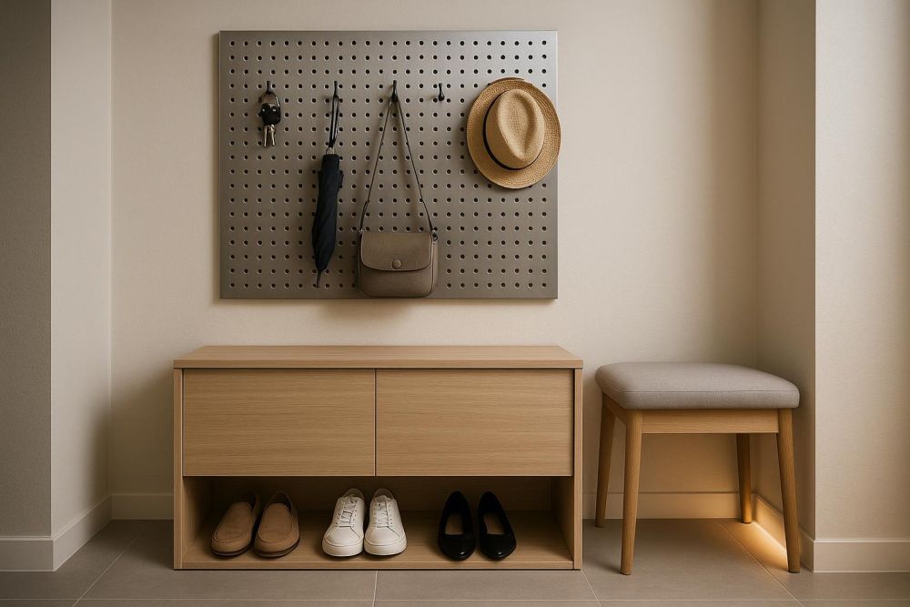 鞋櫃收納太凌亂？玄關加裝不鏽鋼洞洞板，收納空間多3倍、動線超順手