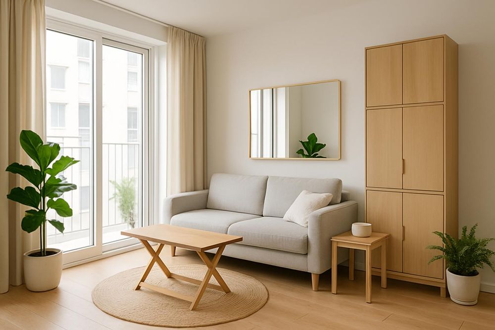 Calm minimalist small room with neutral colors and natural materials