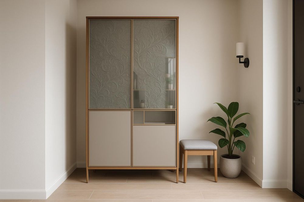 別只做空櫃！玄關加烤漆玻璃圖騰，鞋櫃收納翻倍還能提升質感