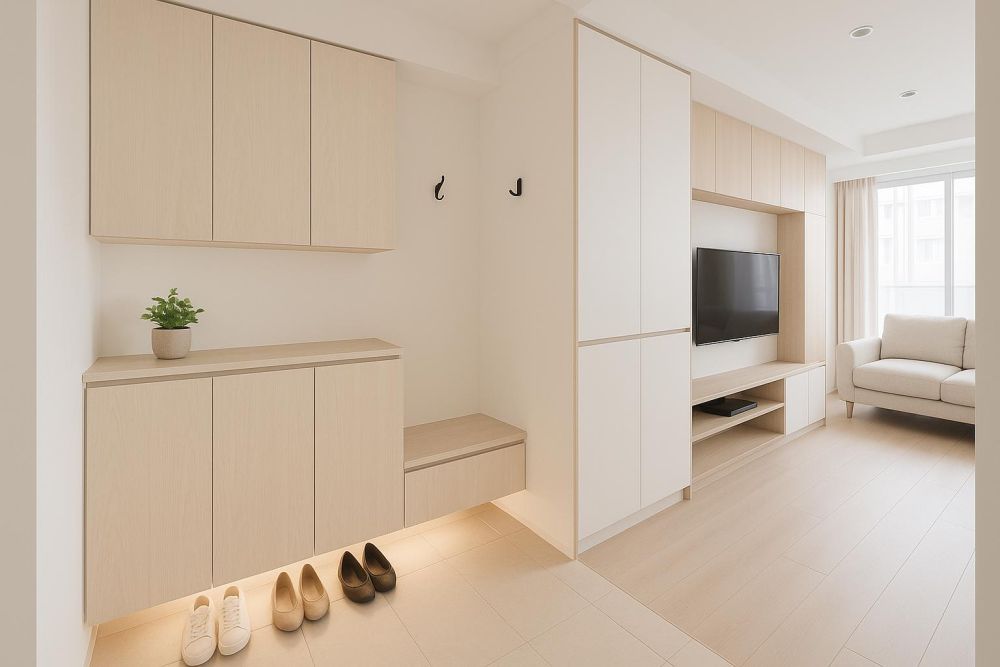 穿鞋櫃結合電視牆這樣設計,玄關鞋子全收納、客廳整齊省2倍空間