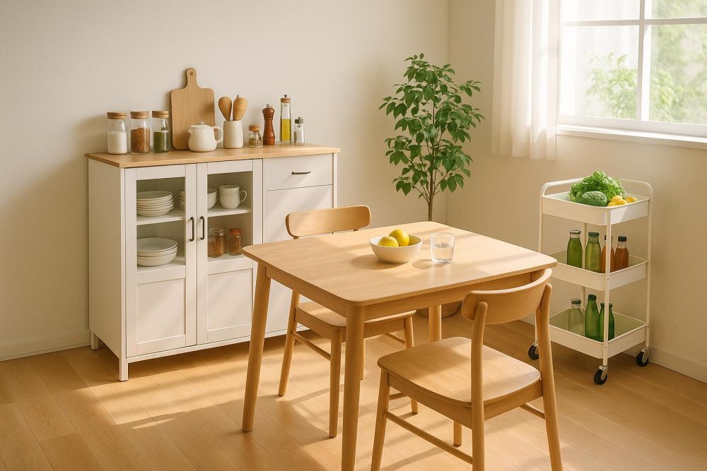 小餐桌總是堆滿雜物?加了餐邊櫃和廚房推車,收納空間激增3倍、秒變整齊