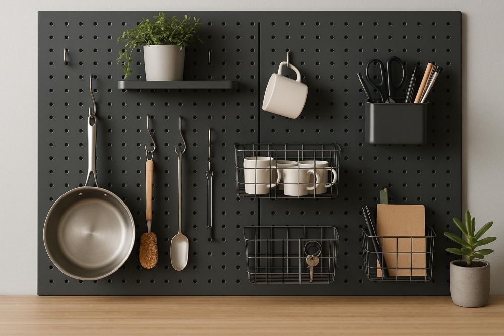 鐵質洞洞板這5種用法，收納空間翻倍再也不亂，掛板配件讓廚房/玄關一秒有序