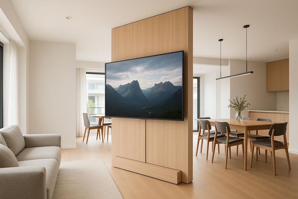 別只做普通電視牆！旋轉設計讓開放式客廳一秒多1房，客餐廳機能翻3倍