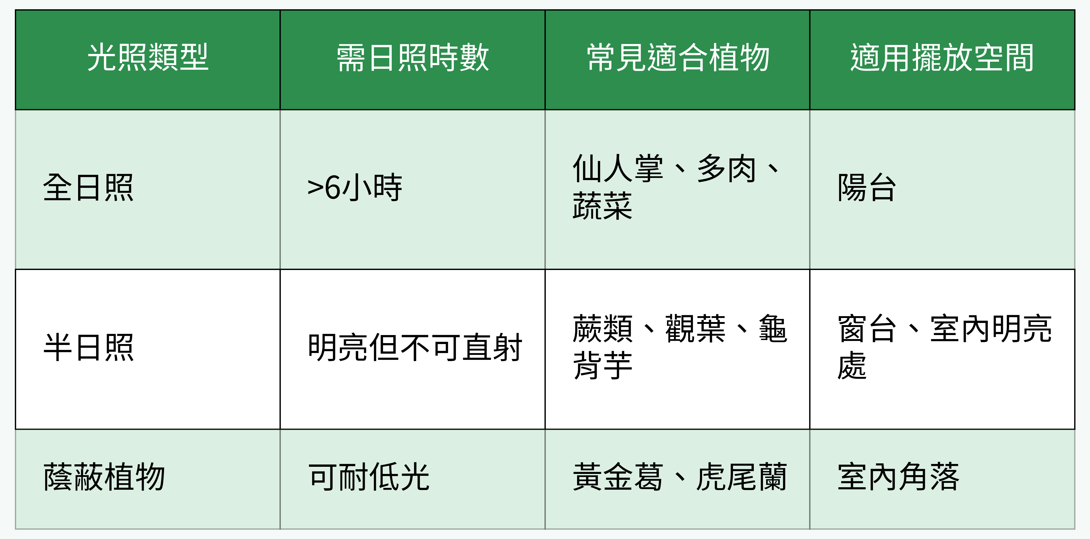 光照需求與適合植物對比表