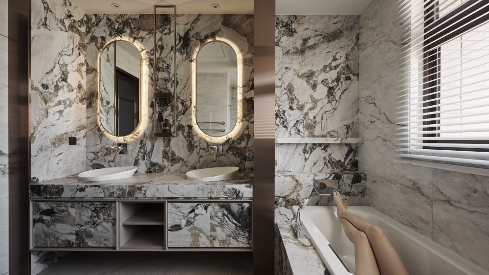 享受旅店美學風尚宅！鮮明紋理大理石、漂浮燈飾，開創57坪奢華大器風