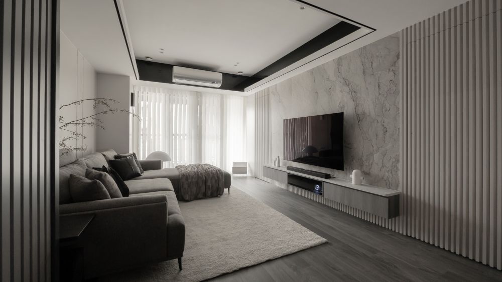 石紋電視牆堆疊空間層次,50坪現代美宅展現低調奢雅感